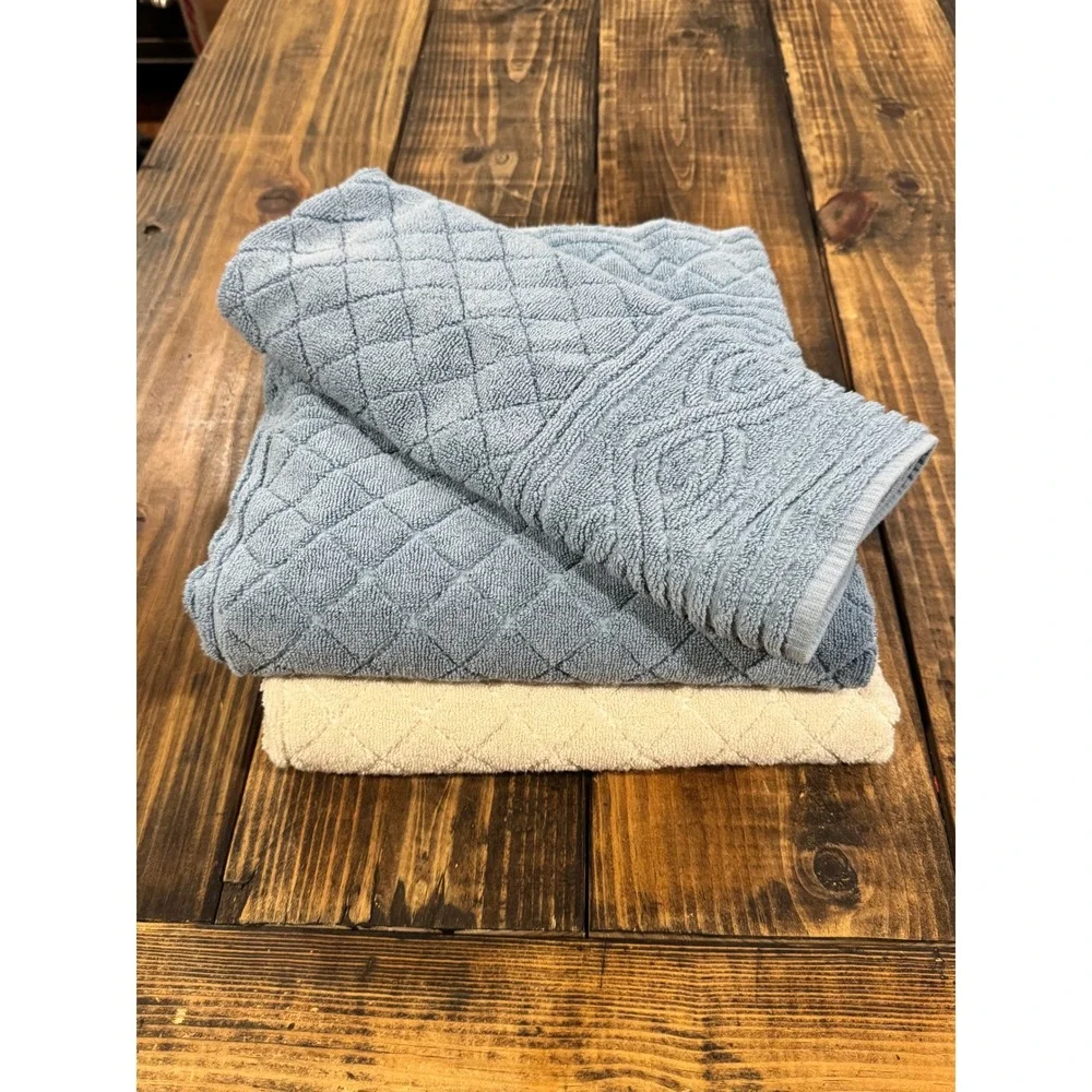 Ralph Lauren 3pc Towel Set Blue White‎ Cotton Quilted Diamond Made in USA Luxury